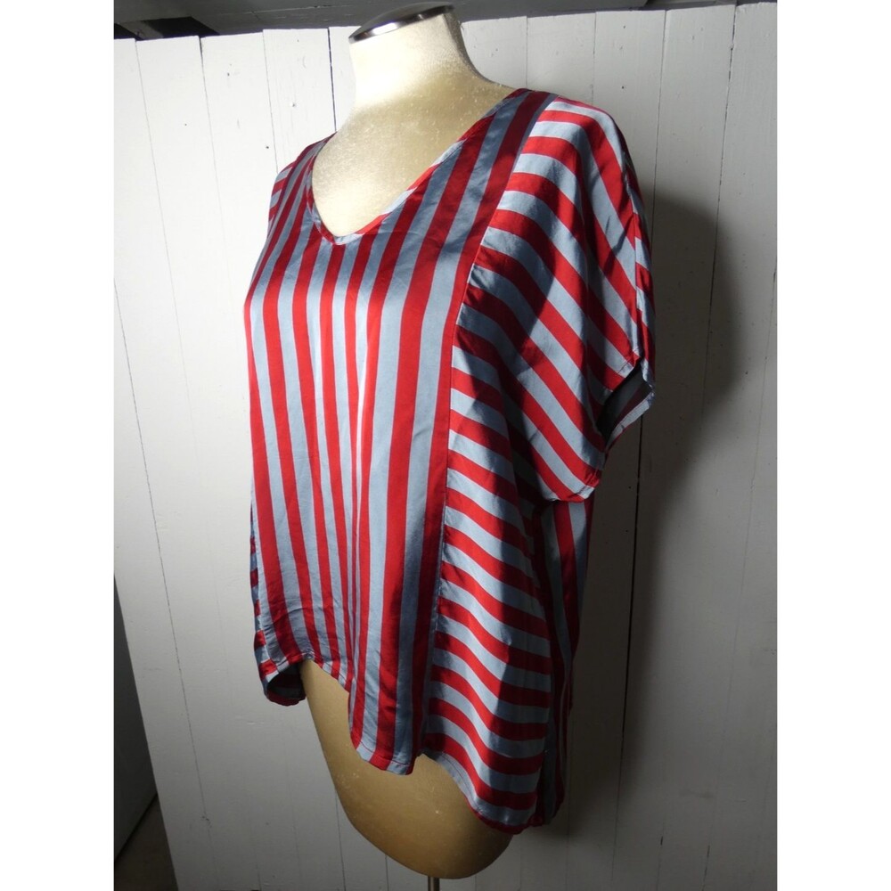 PaperShadow by Dogstar Women's 14 Striped Satin Cupro Top Blue Red Vneck Boxy